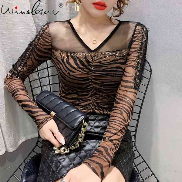 

women's t-shirt spring fall korean style mesh girls fashion leopard v-neck patchwork diamonds women long sleeve tees t11, White