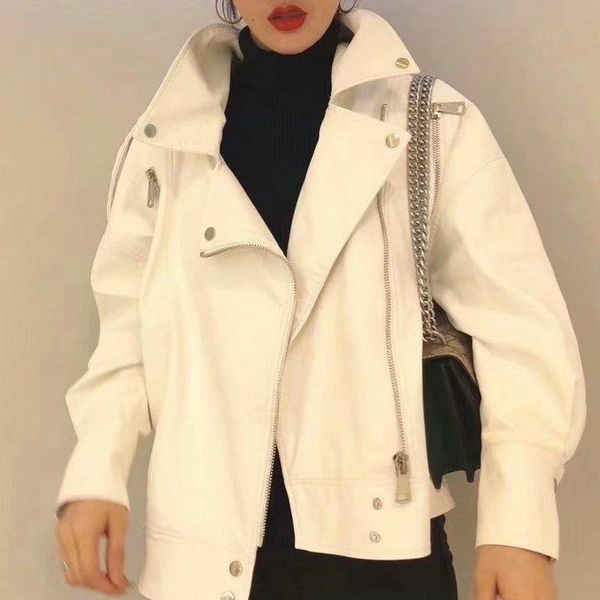 

women's leather & faux 2021 autumn winter women high street turn-down collar pu jackets female black loose plus oversize long sleeve co