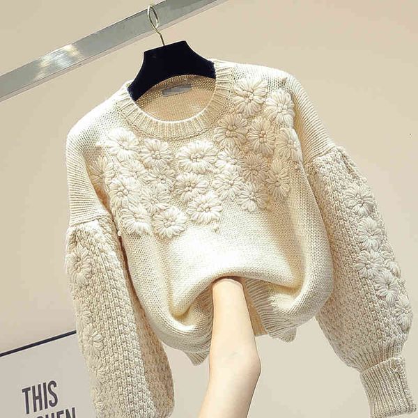 

women's sweaters female flower-embroidered sweater winter clothing korean loose joker crocheted jacket short sleeve flashlight pull jum, White;black