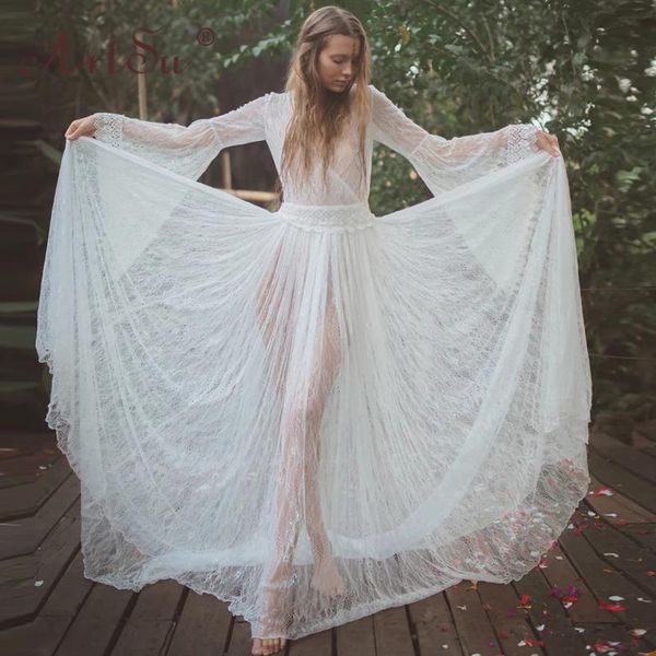

casual dresses 2021 spring women elegant floral lace dress v-neck floor-length long maxi party hollow out white bohemian, Black;gray