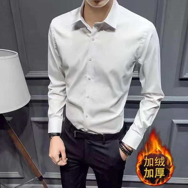 

men's casual shirts plush shirt autumn and winter warm inch korean slim fit trend business formal long sleeve, White;black