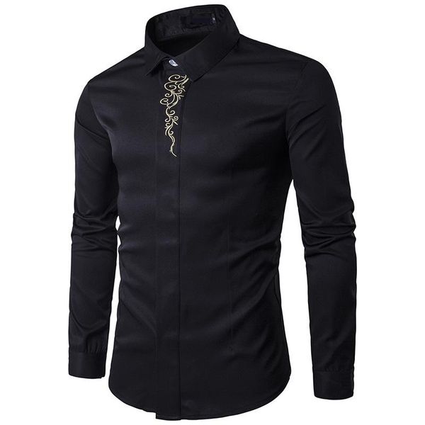 Camisas casuais masculinas estampa preta vestido de luxo 2021 camisa masculina smoking slim fit festa de casamento formatura