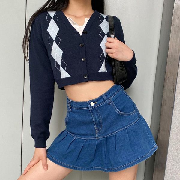 

women's knits & tees y2k vintage v-neck plaid long sleeve women sweater autumn winter short knitted cardigan sweaters womes england sty, White