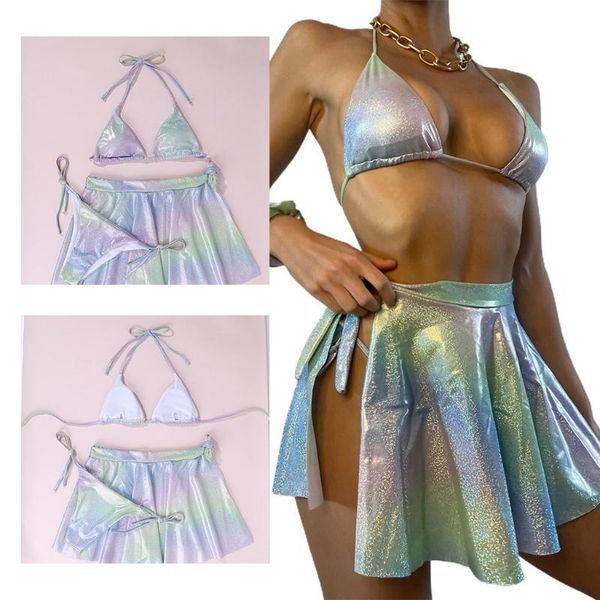 

one-piece suits women 3pcs bikini set halter neck shiny gradient iridescent metallic swimsuit with pleated beach skirt backless bandage