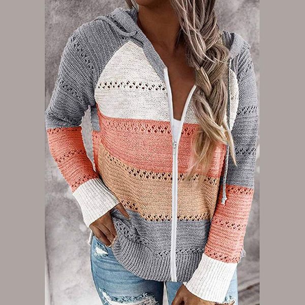 

women hollow out hoodied sweater autumn striped patchwork v-neck sweater long sleeve zipper knitted pullover, White;black