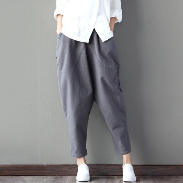 

women's pants & capris vintage linen spring trousers casual elastic waist female gray loose harem women, Black;white