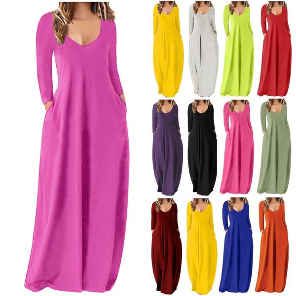 

casual dresses women's loose solid color long dress deep v neck sleeve female vestidos, Black;gray