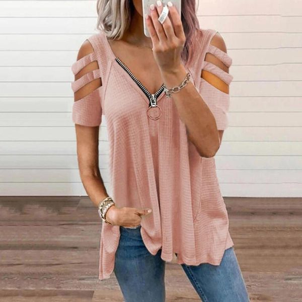 

women's blouses & shirts 2021 womens blouse tunic v-neck zipper solid hollow out short sleeve casual loose women shirt blause muje, White