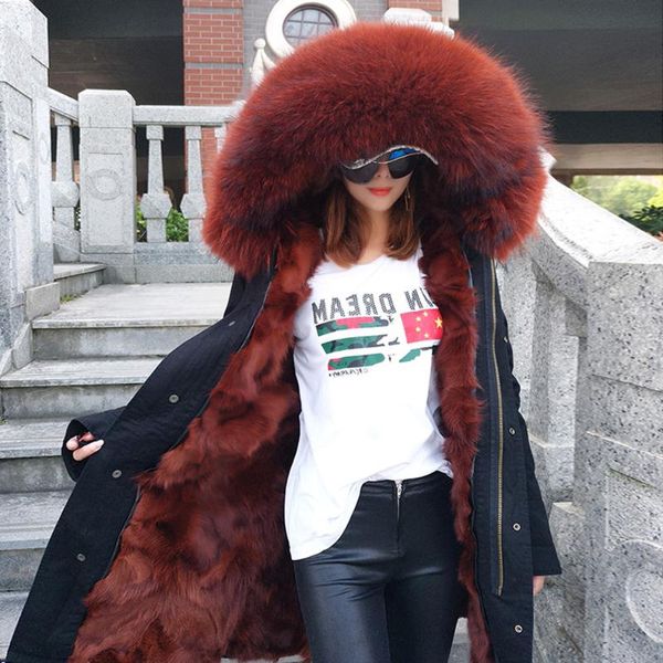 

women's fur & faux maomaokong natural real jacket winter warm mulher parka hooded ladies, Black