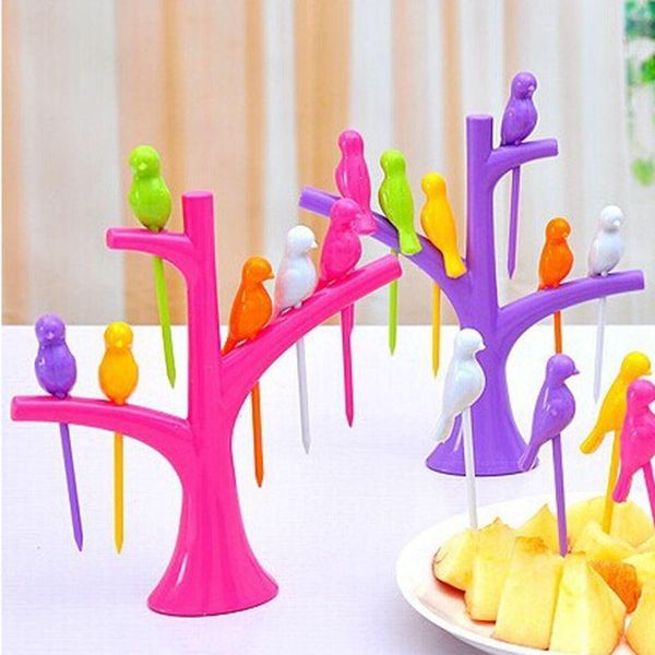 

tableware dinnerware sets creative tree+birds design plastic fruit forks 1 base +6 forks 2021 vegetable fork