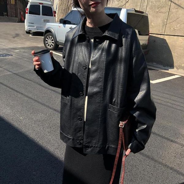 

women's leather & faux winter black jacket women korean thin loose moto female 2021 spring fashion streetwear lady outerwear biker coat