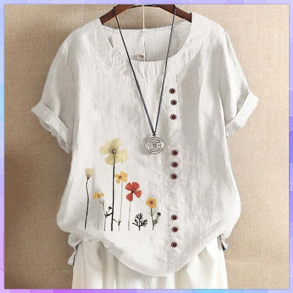 

women's t-shirt floral print cotton linen tee shirts woman clothing summer office lady large size tunic 2021 casual short sleeve, White
