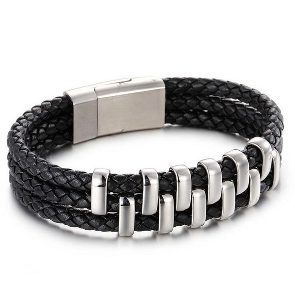 

link, chain 19mm wide charming holiday gifts 3 multilayer black genuine leather stainless steel men's bracelet wristband bangle