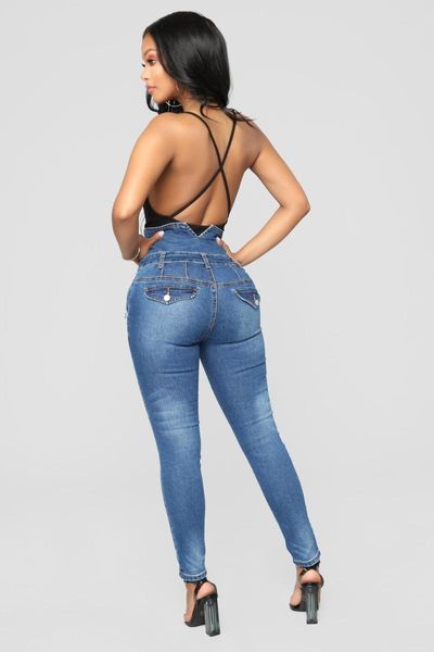 

women's jeans ladies ripped plus size skinny high waist button curvy long big hips stretch jean tall women slim shapping denim, Blue