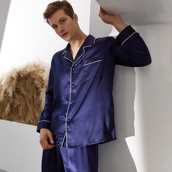 

100% silk pajamas for men 16mm natural real silk pajamas set summer pijamas plus size 2 pcs long sleeve home suit sleepwear men, Black;brown