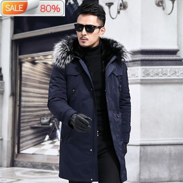 

men's leather & faux 2021 parka real long winter jacket liner raccoon fur luxury coat men mink jackets parkas 06, Black