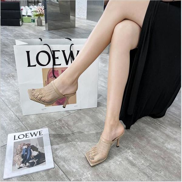 

slippers 2021 spring and summer fashion baotou high-heeled net celebrity with simple square head half-drag outdoor sandals, Black