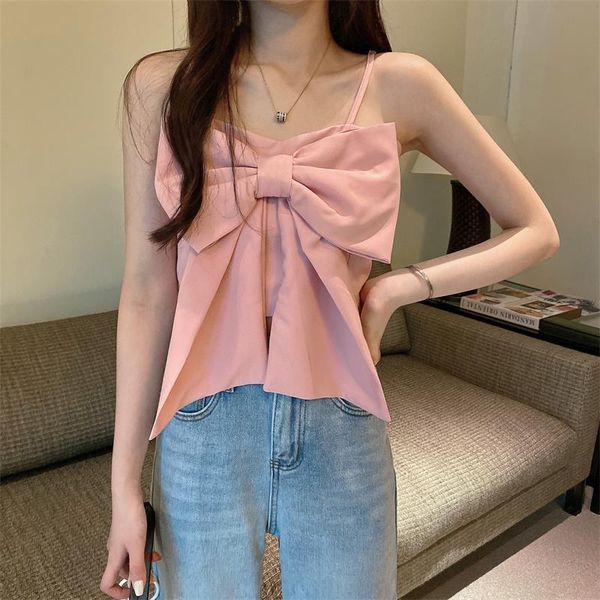 

women's tanks & camis ins korean fashion cute soft girls suspender shirt summer casual kawaii big bowknot solid female vest retro slim, White