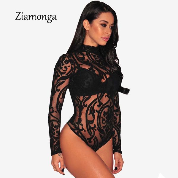 

women's jumpsuits & rompers ziamonga bodysuits women skinny autumn black red blue sheer mesh print button long sleeve bodysuit c2915, Black;white