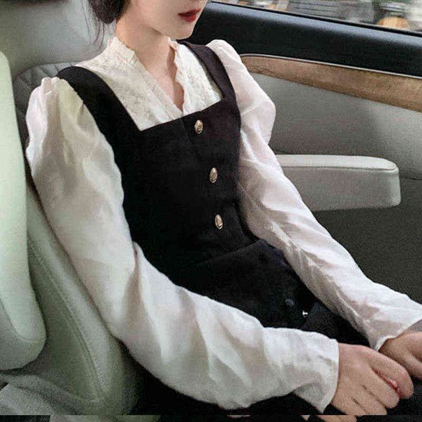 

2021 autumn long sleeve vintage midi dresses for women korean fashion elegant casual dress 2 piece set evening party dress y2k y1204, Black;gray
