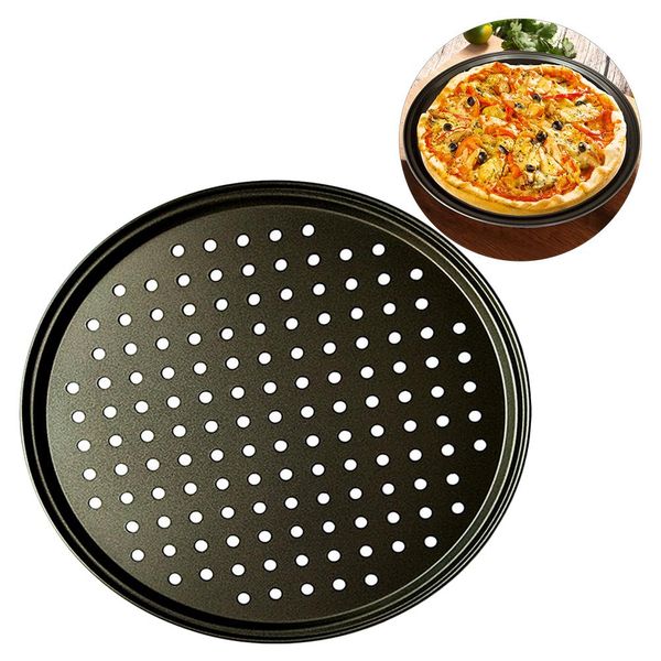 32 cm acciaio al carbonio Acciaio antiaderente Pizza Pan Mesh Vassoio Piastra rotonda Dish Deep Deep Stampo Bakeware Cooking Tool