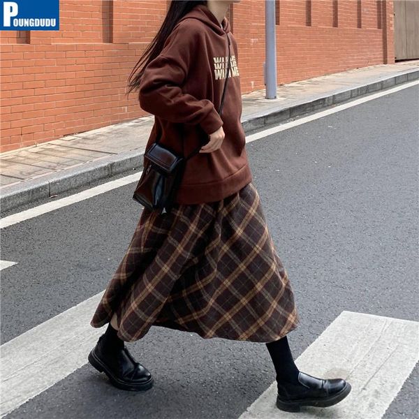 

skirts poungdudu 2021 plaid for women ladies high waisted elastic woolen warm thicken y2k vintage girls all-match a-line, Black