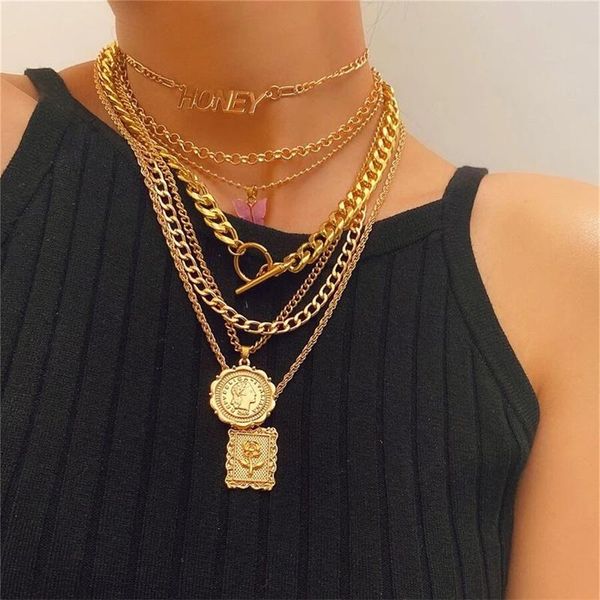 

chains trendy letter jewelry personality simple ot buckle multilayer butterfly necklace retro set alloy head collares cadena, Silver