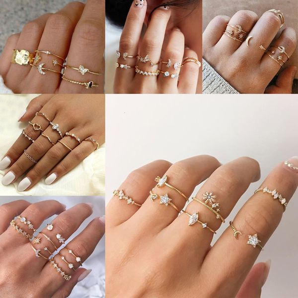

designer rings intage gold star knuckle for women crystal crescent geometric female finger set jewelry 2021 punk, Golden;silver