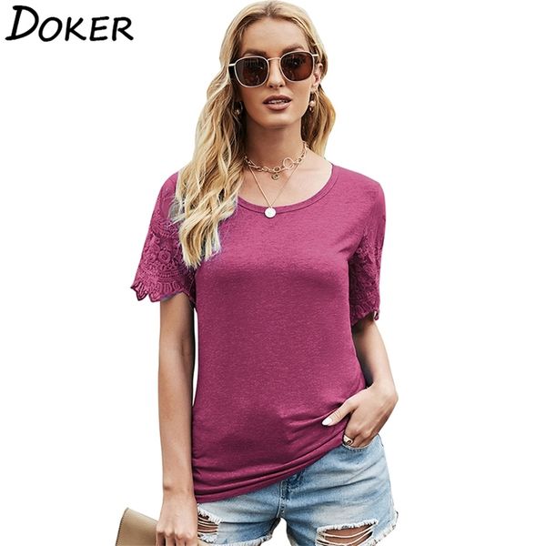 

lace stitching hollow o neck short sleeved women tshirt fashion casual solid color party style 210603, White
