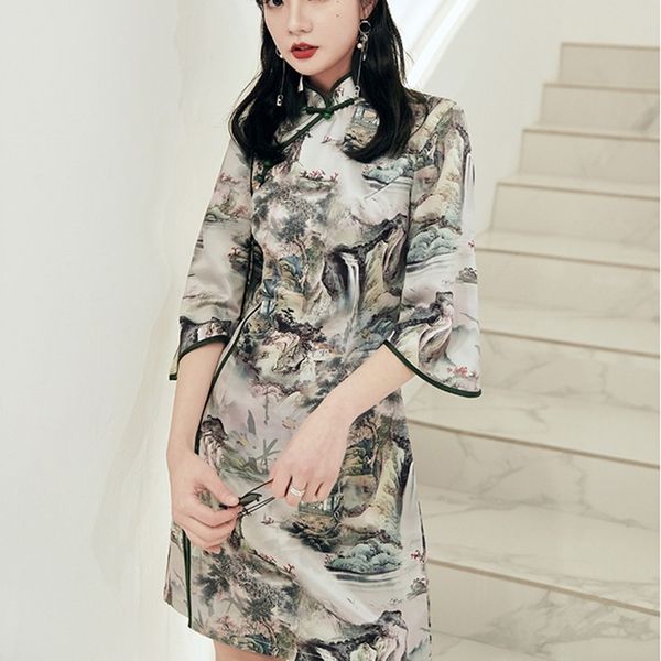 

chinese traditional style cheongsam elegant women s handmade button dress mandarin collar short oriental dress qipao 10561, Red