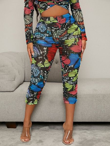 

sxy high waist butterfly print ruched sheer leggings j0tu#, Black