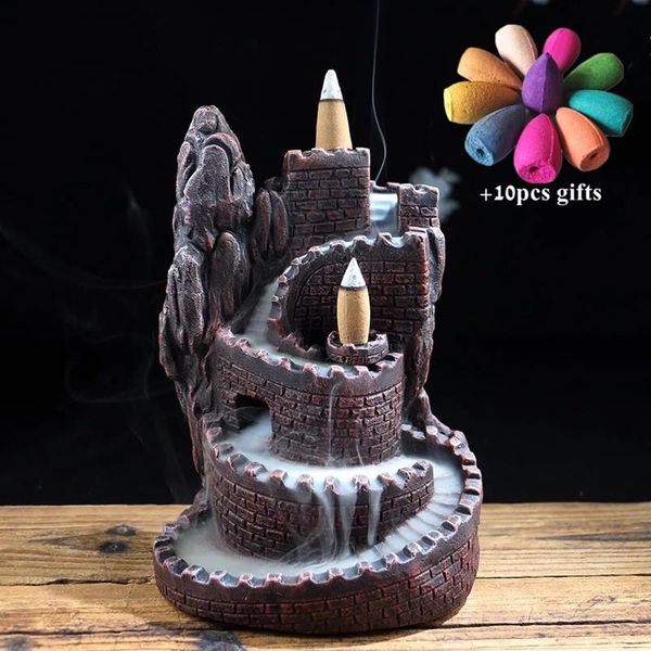 

fragrance lamps handmade ceramic great wall backflow incense burner micro landscape waterfall censer base home decor + 10pcs co