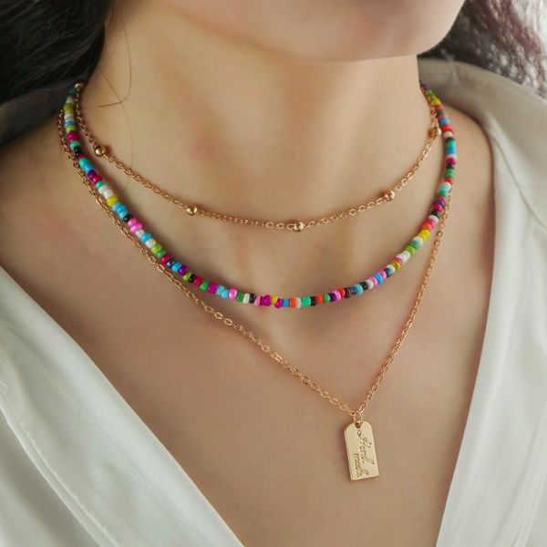 

chokers gold color metal square pendant handmade beaded bohemian multicolor beads choker necklace for women chain boho jewelry, Golden;silver