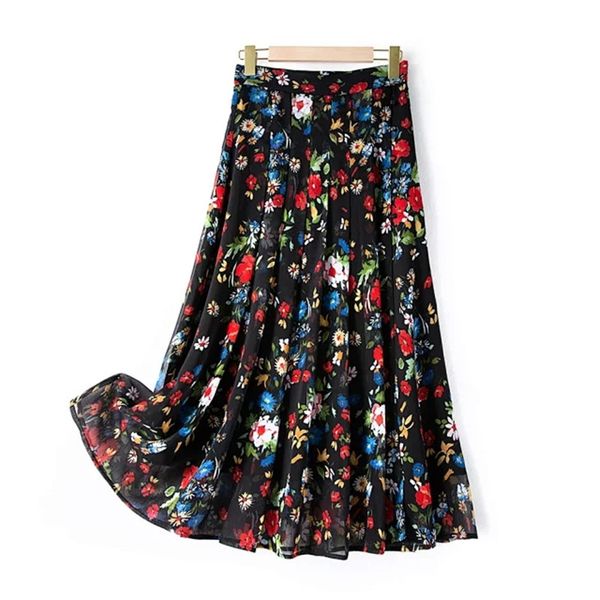 

2021 new nova margarida impresso feminino midi saia senhora frias primavera e vero plissado dividir saias longas seagem moda roupas 9xem, Black