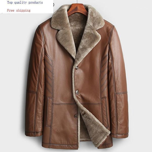 

men's leather & faux real genuine jacket men winter 100% cow coat natural fur sheep shearling jackets 2021 kl159006 kj3456, Black