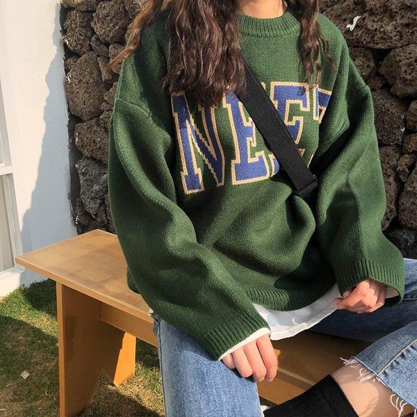 

women's sweaters autumn and winter of the women round turtleneck retro korean loose college matcha green card sewing sweater eqev, White;black