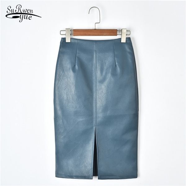 

solid split plus size skirts korean pu leather skirts women high waist straight midi skirts 2021 spring midi skirt women 10091 210309, Black
