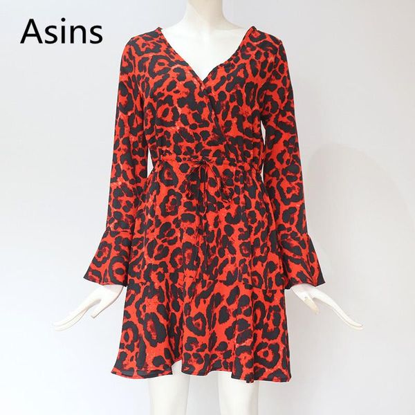 

casual dresses asins dress women 2021 spring fashion v neck high waist leopard printing flare sleeve lacing wild mini, Black;gray