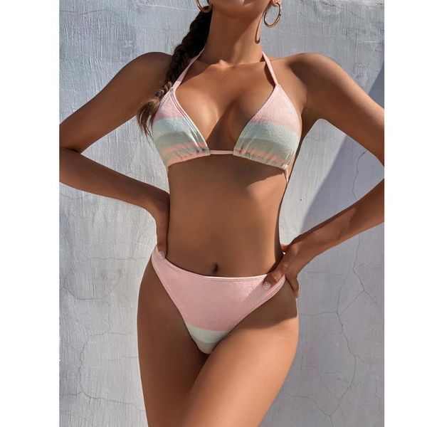

one-piece suits women 2pcs bikini set halter swimsuit striped print ribbed bathing suit