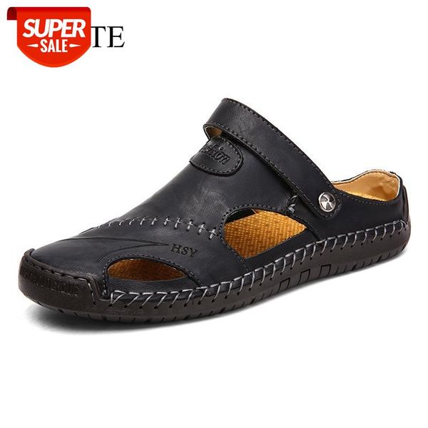 

wotte classic mens sandals summer leather male beach sandals soft comfortable male outdoor beach slippers slip-on man #rs0e, Black
