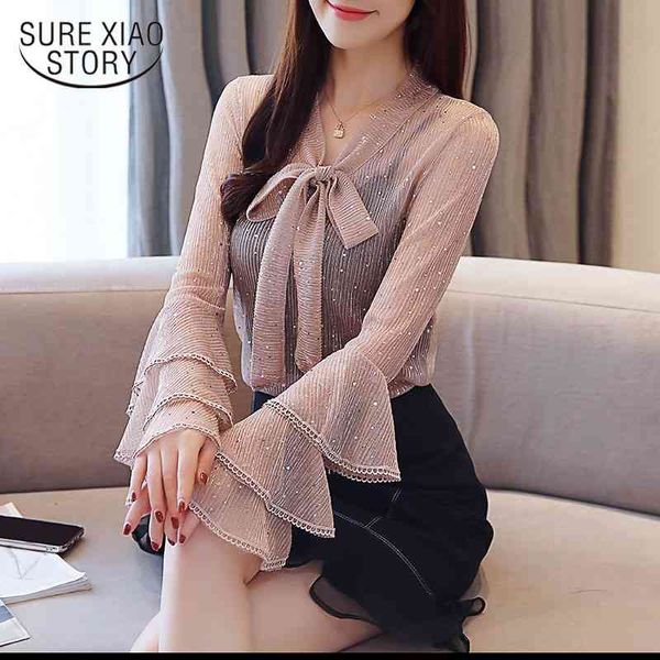 

causal women blouse chiffon solid flare sleeve women spring loose ol blouses long sleeve bow tie shirts blusas 2068 50 210528, White