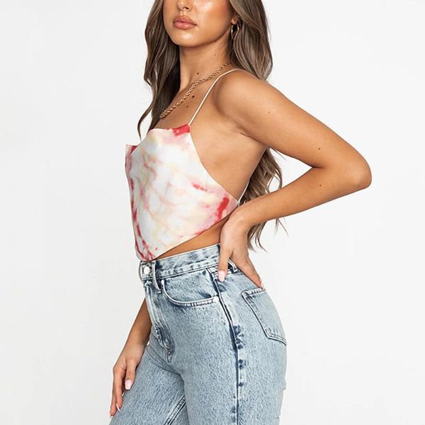 

women's tanks & camis yiyimiyu 2021 tie dye print satin crop women y2k spaghetti strap party backless summer casual off shoulder ta, White