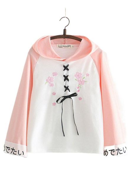 

women's hoodies & sweatshirts merry pretty women floral embroidery pink hooded 2021 winter long sleeve o-neck lace up sweet style pullo, Black