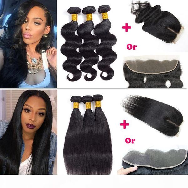 

malaysian hair wet and wary hair bundles with ear to ear lace frontal brazilian peruvian straight human hair extension with lace closure, Black;brown