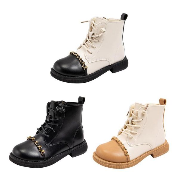 

boots girls' leather single soft bottom round toe kids boot, Black;grey