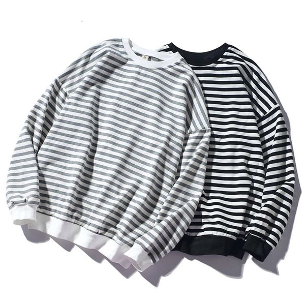 

autumn striped korean fashion student's round neck loose men's sweater, Black