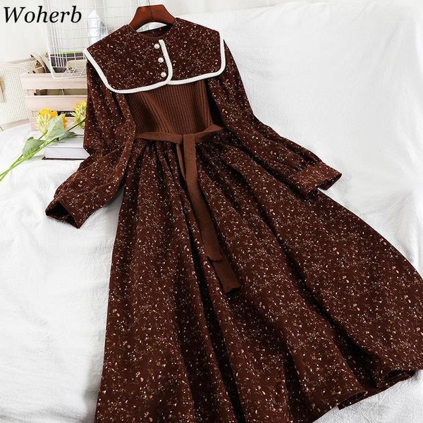 

casual dresses woherb fashion autumn vintage maxi dress for womens winter floral sweater knitted patchwork korean vestidos 4g683, Black;gray