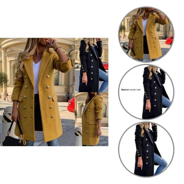 

women's wool & blends turn-down collar women accessory long style pure color woolen overcoat for daily life, Black