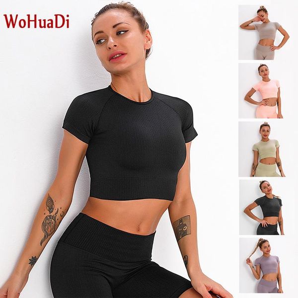 

yoga outfit wohuadi striped knitted seamless short sleeve t-shirt gym sports women shirts fitness crop sport tights wear workout