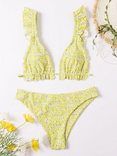 

ditsy floral print frill trim bikini swimsuit k4w6#, White;black